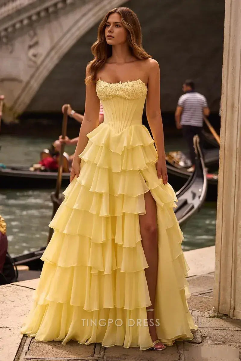 Elegant Strapless Lace Bodice Tiered Ruffle Maxi Dress with Side Slit Prom Dress